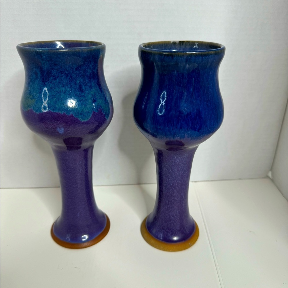 Set of 2 Blue/Purple Renaissance Festival  Chalice Stoneware Wine Goblets.